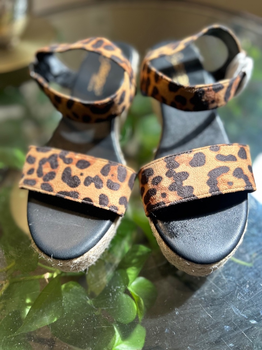 DbDk Animal Print Strappy Wedge Sandals 7.5 Brown Black Synthetic Ankle Strap